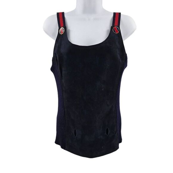 Rare Vintage Gucci Collector Navy Blue Knit & Suede Top with Web Straps | Circa - Picture 2 of 5